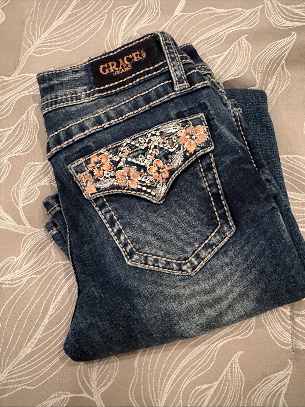 Grace in LA Dark Blue Embroidered Floral Pocket Skinny Jeans